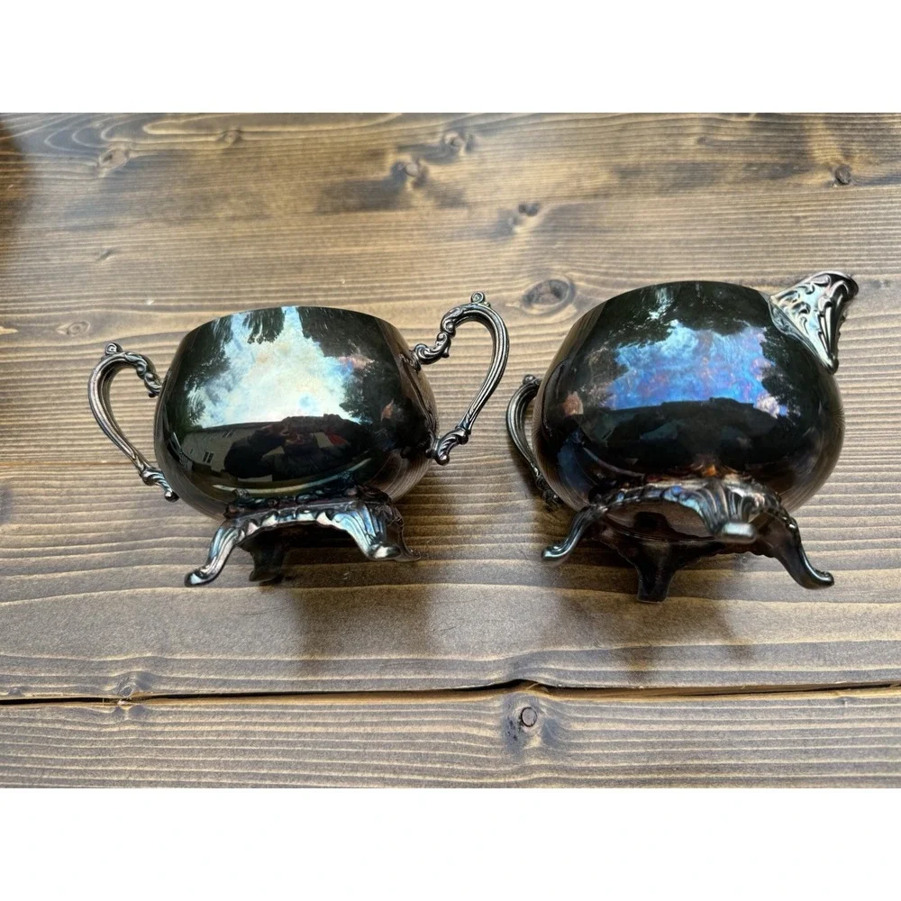 Vintage Oneida Silverplate Creamer Sugar Bowl Set Footed Ornate Handles